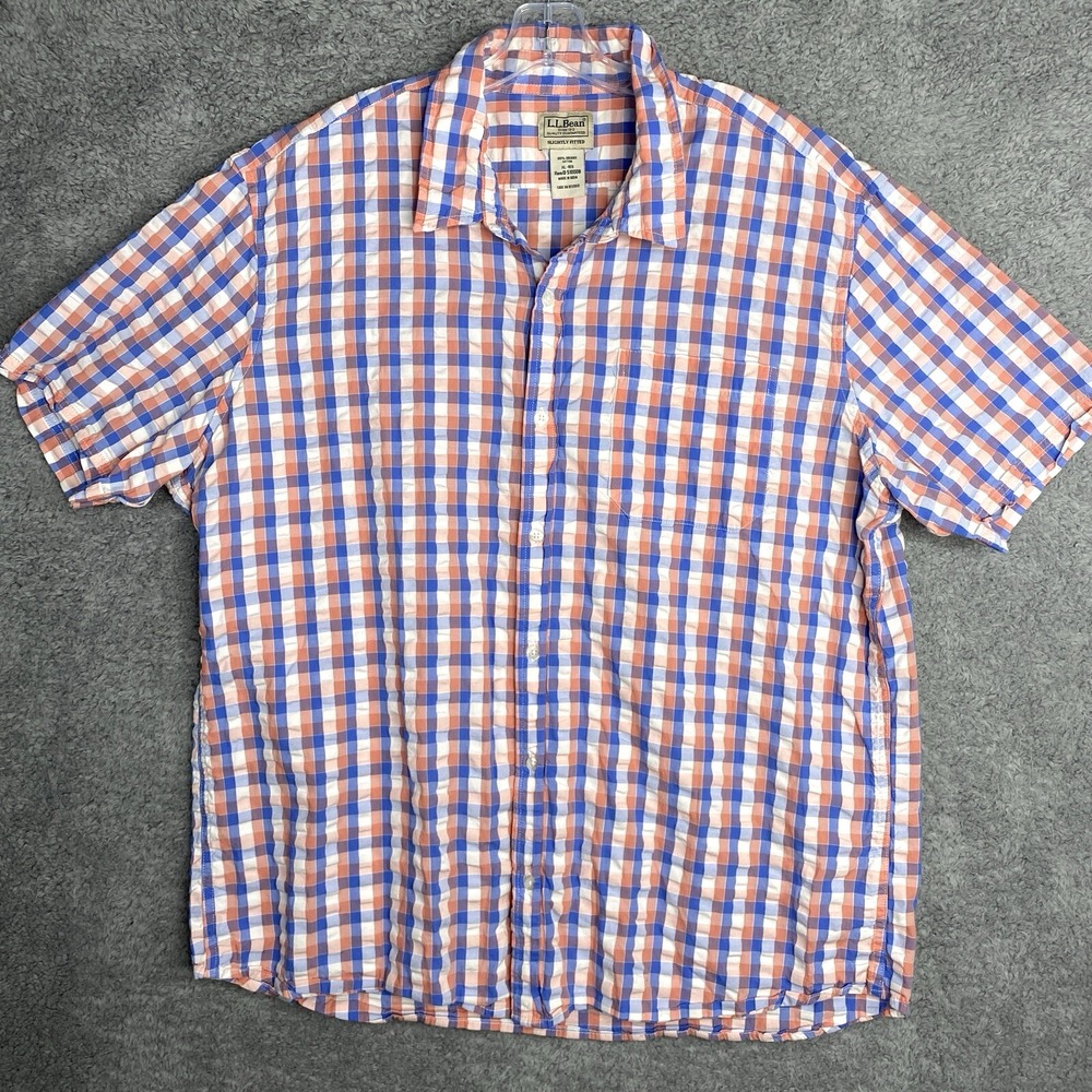 LL Bean‎ Seersucker Shirt Size XL Plaid Pink White Blue Short Sleeve Cotton